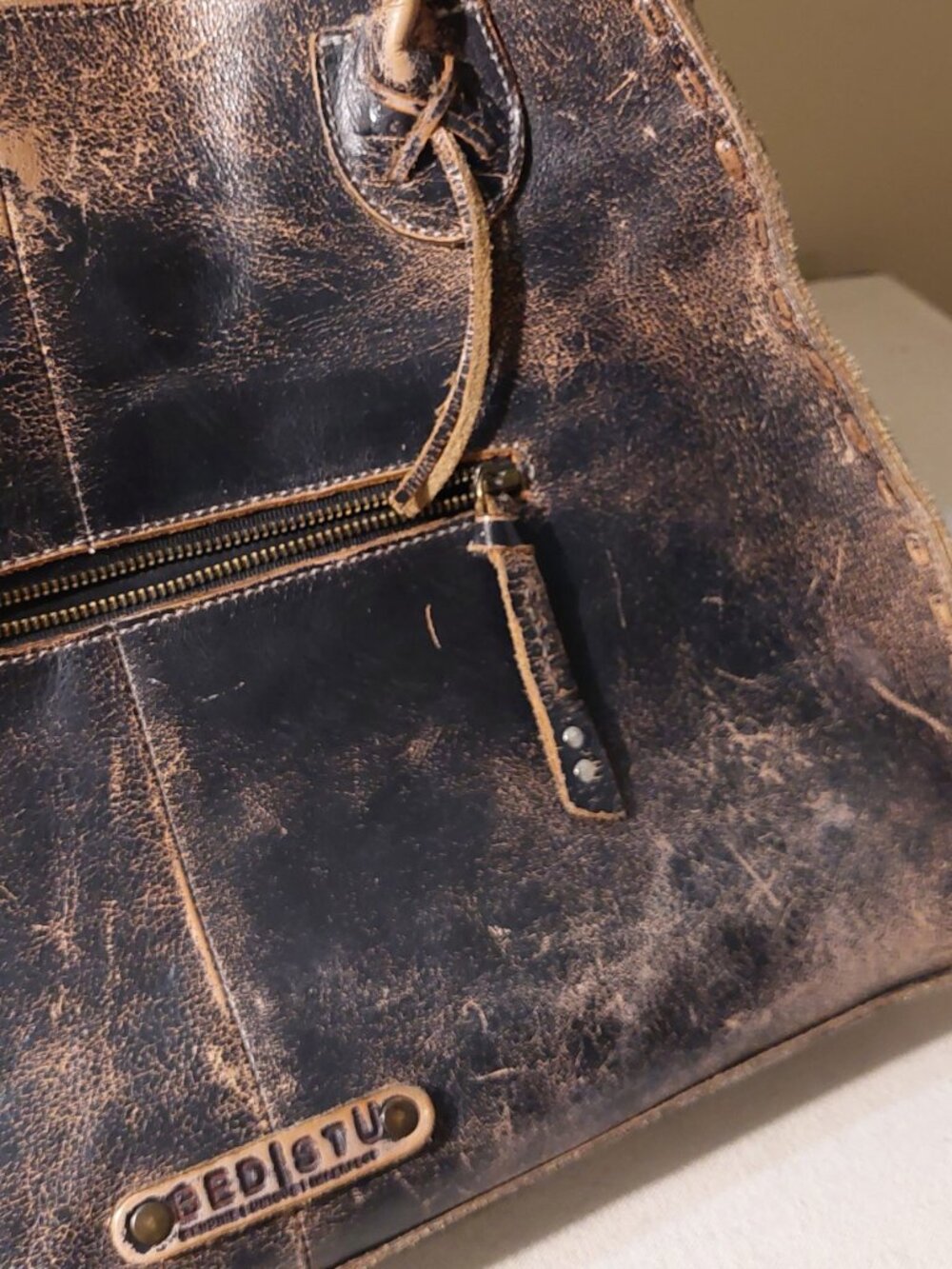 BED|STU Rockaway Brown/Black Lux Distressed Leather Shoulder/Crossbody Tote O/S - Picture 12 of 16
